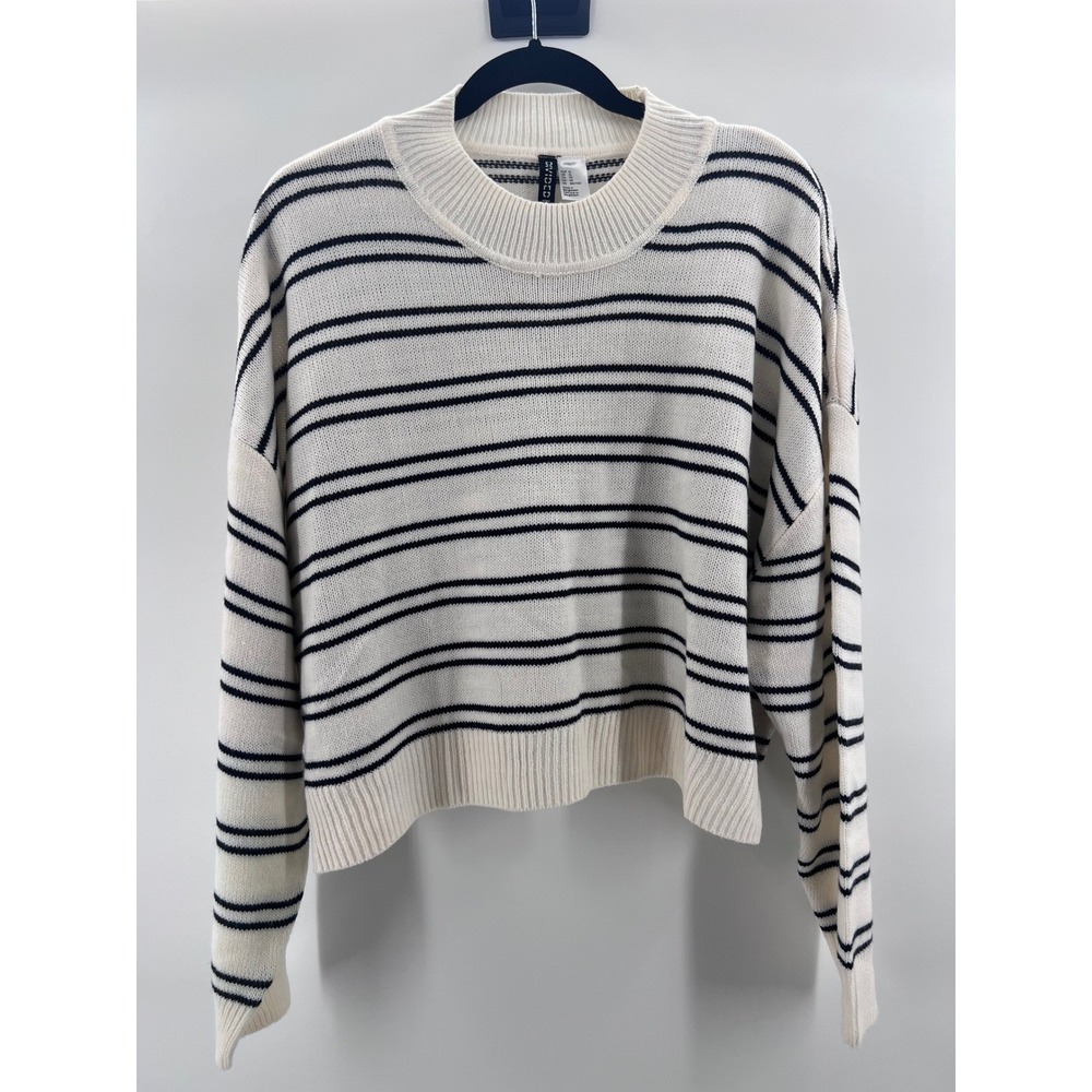 H&M Divided Striped Crewneck Sweater Cream Black Long Sleeve‎ Knit Top Womens XL